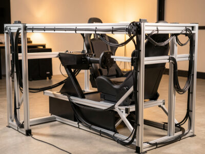 Sim racing rig with tidy cable management routed along the aluminum profile frame