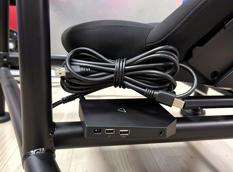 A tidy cable loom with strain relief and a USB hub mounted to a sim racing rig frame