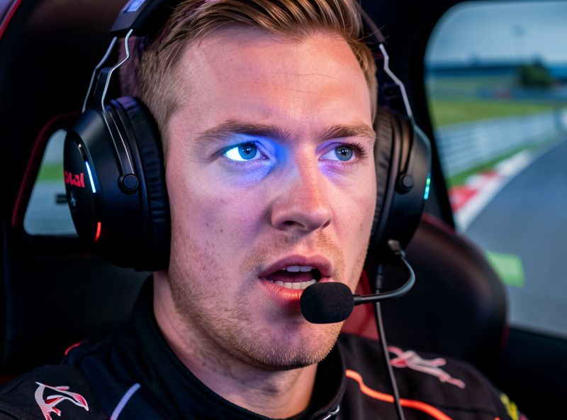 Sim racer wearing a headset during a team endurance race with a comms overlay on screen