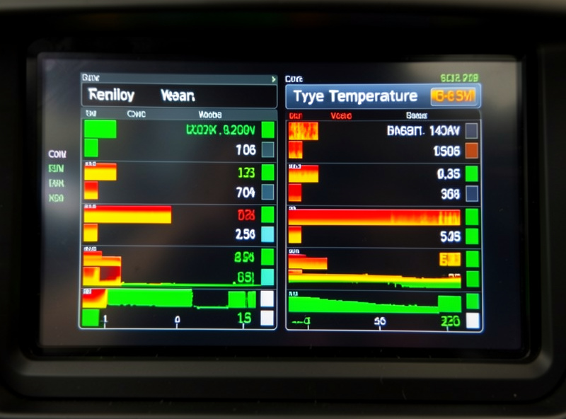 Close-up of a sim racing telemetry screen showing tyre temperature and wear readouts per corner