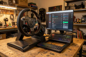 Direct-drive sim racing wheelbase with the force feedback damper and friction settings menu on screen