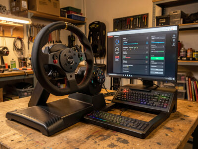 Direct-drive sim racing wheelbase with the force feedback damper and friction settings menu on screen