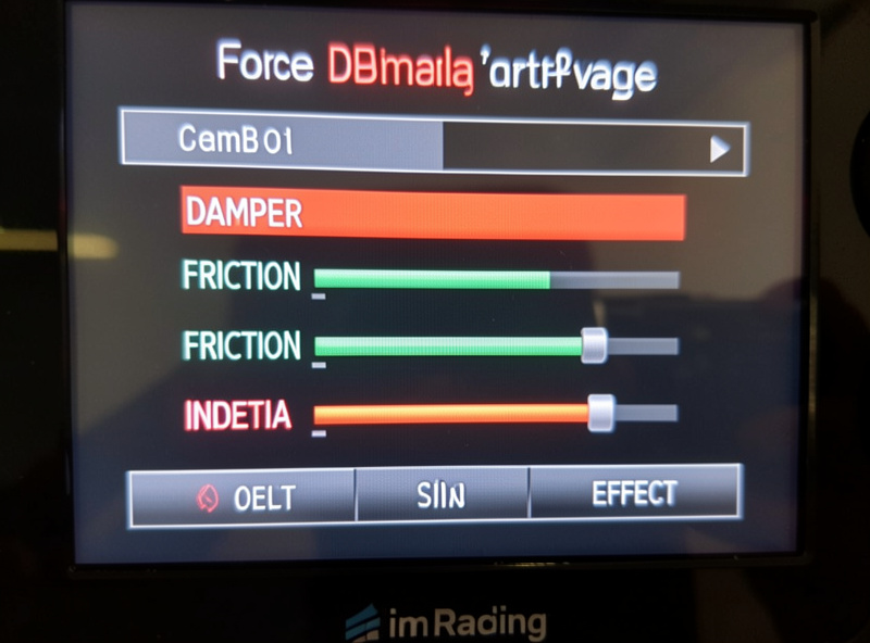 Sim racing force feedback menu showing damper, friction and inertia effect sliders