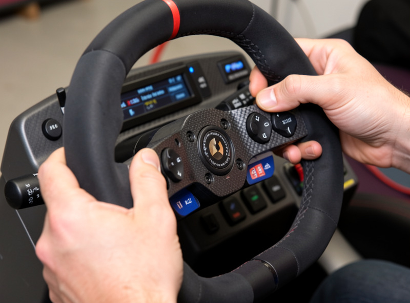Hands adjusting damper and friction settings on a direct-drive sim racing wheelbase