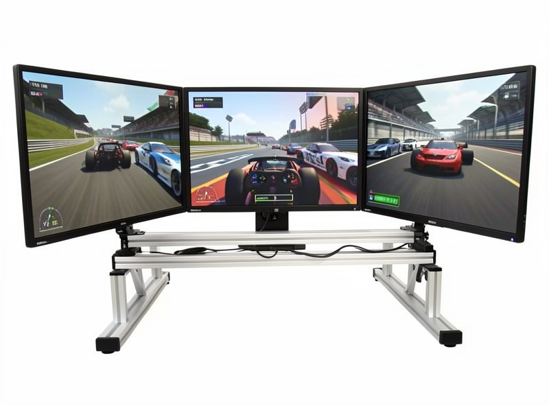 Triple monitor array mounted to an aluminum profile sim racing rig with a curved viewing angle