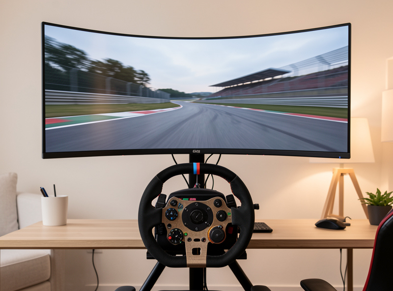 Single ultrawide monitor mounted on a sim racing rig at eye level in driving position