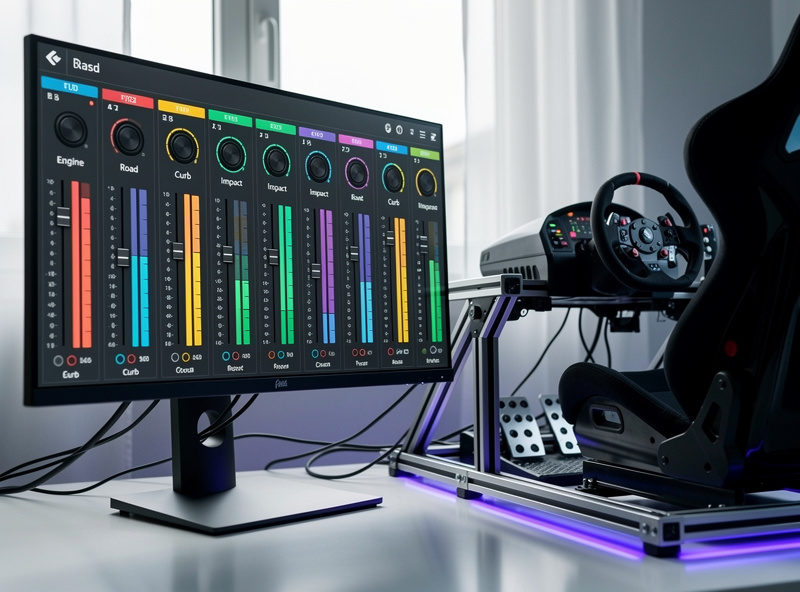 SimHub Shakeit bass shaker software interface on a monitor next to a sim racing rig