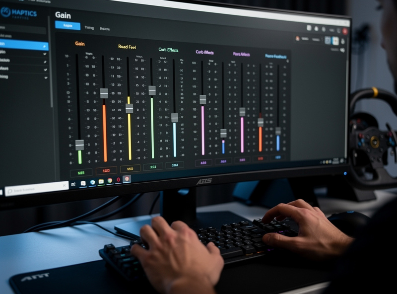 Sim racer adjusting bass shaker effect gain sliders in SimHub during a session