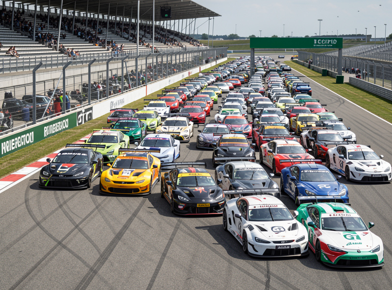 A full grid of GT3 cars lined up on the starting grid in a sim racing league race, viewed from a trackside camera angle