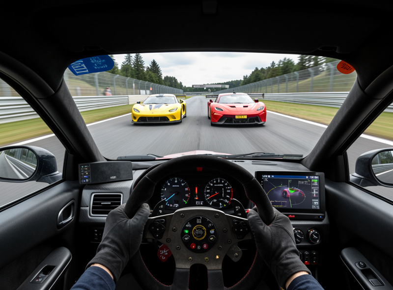 Cockpit view of a sim racing car following another car closely into a braking zone during a league race