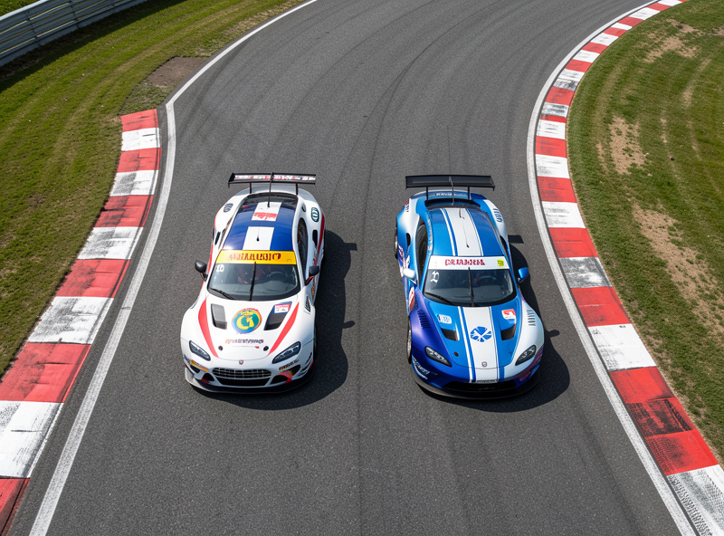 Two sim racing cars side by side through a corner leaving each other racing room, viewed from above