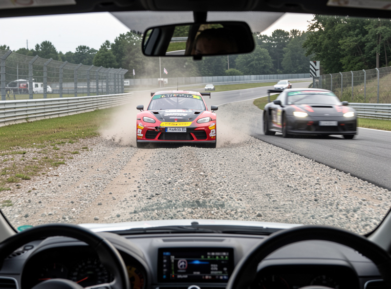 A sim racing car carefully rejoining the track from a gravel runoff area while traffic passes, cockpit perspective