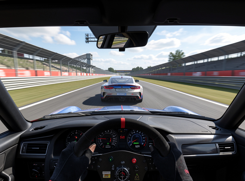 Cockpit view of a sim racing car holding a steady predictable line down a straight with a car following in the mirror