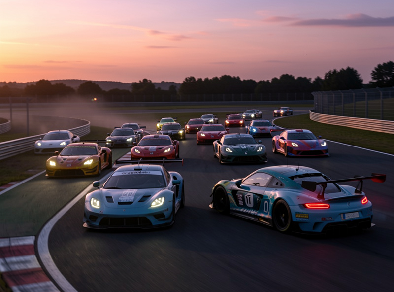 A pack of GT3 cars racing closely on a community server in Assetto Corsa Competizione at dusk, photorealistic