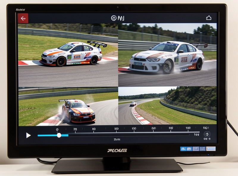 A sim racing replay being reviewed from multiple camera angles on a screen, with timeline scrubber visible