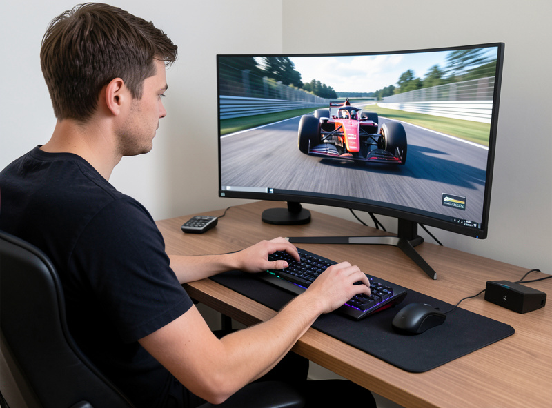 A driver calmly typing an incident report at a sim racing desk, replay visible on a second monitor