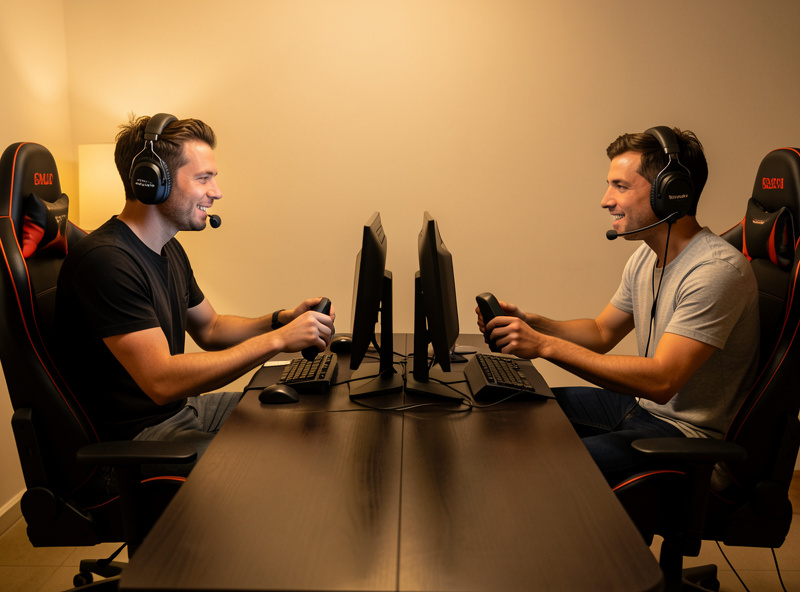 Two sim racers sitting at adjacent rigs racing as a team with headsets on, focused atmosphere