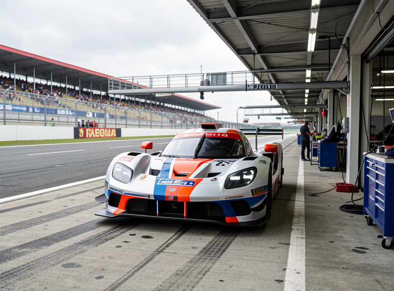 A sim racing pit stop with a car being handed over between drivers during an endurance race, photorealistic