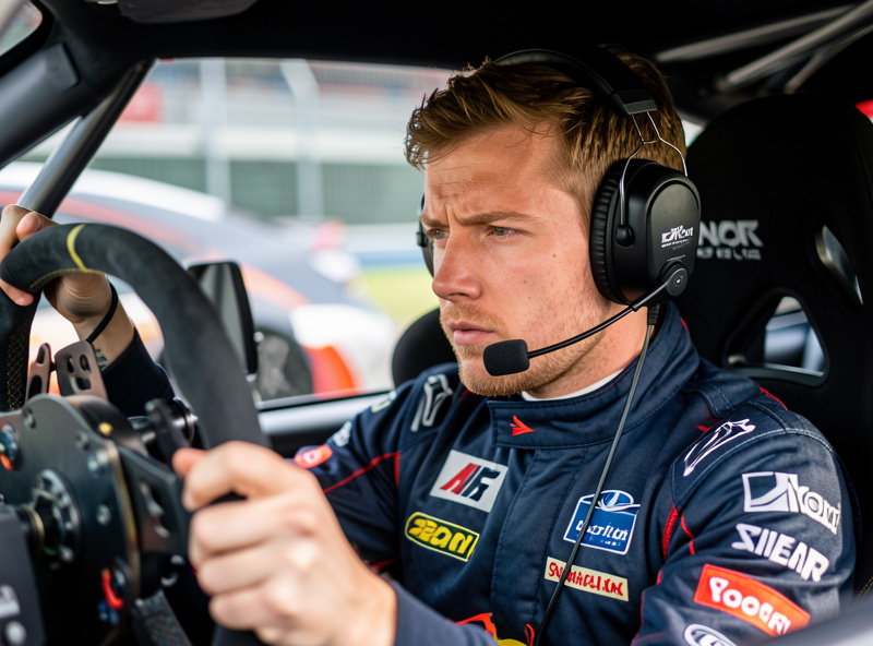 A sim racer wearing a headset with a boom microphone concentrating during an endurance race, photorealistic