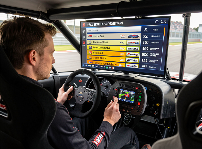 A beginner sim racer studying a series and schedule screen deciding which race to enter, cockpit setup visible