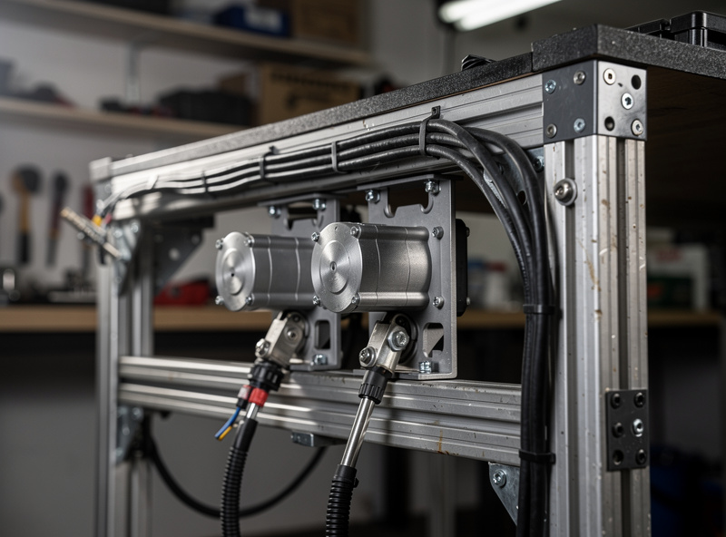 Sim racing motion platform with dual servo actuators mounted under aluminum profile rig, cables routed to inverter, dedicated workshop corner