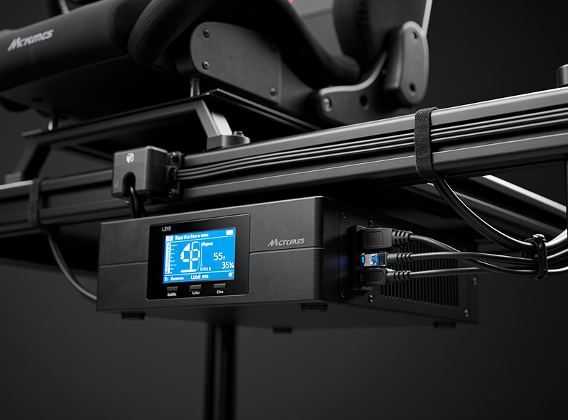Pure sine wave UPS unit mounted under sim racing rig, LCD display showing runtime, network and power cables neatly managed