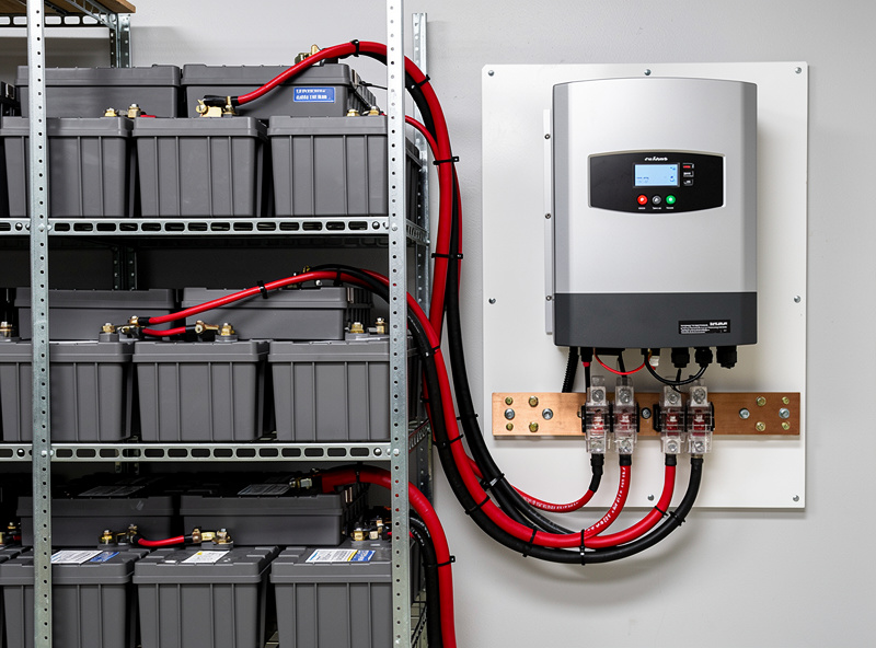 48V LiFePO4 battery bank connected to pure sine wave inverter with thick DC cables, proper bus bars and fusing, clean workshop electrical installation