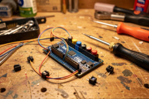 A half-assembled DIY sim racing button box with Arduino board, switches and soldering iron
