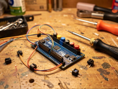 A half-assembled DIY sim racing button box with Arduino board, switches and soldering iron