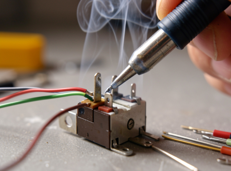Soldering iron tinning wires onto the terminals of a toggle switch