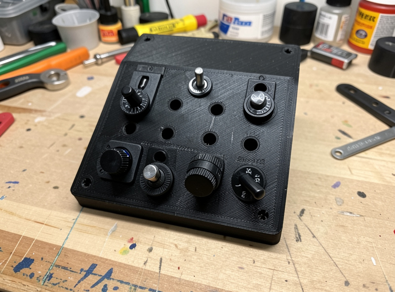A 3D-printed button box enclosure with toggle switches and rotary encoders mounted