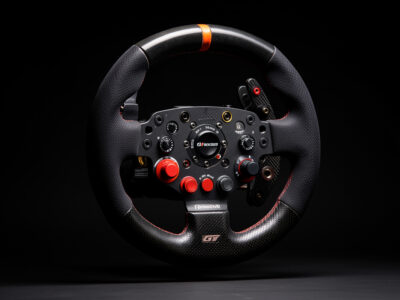 A sim racing wheel rim and button box covered in rotary encoder dials