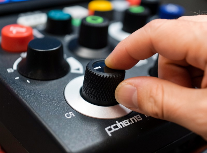 Fingers turning a knurled rotary encoder dial on a sim racing button box