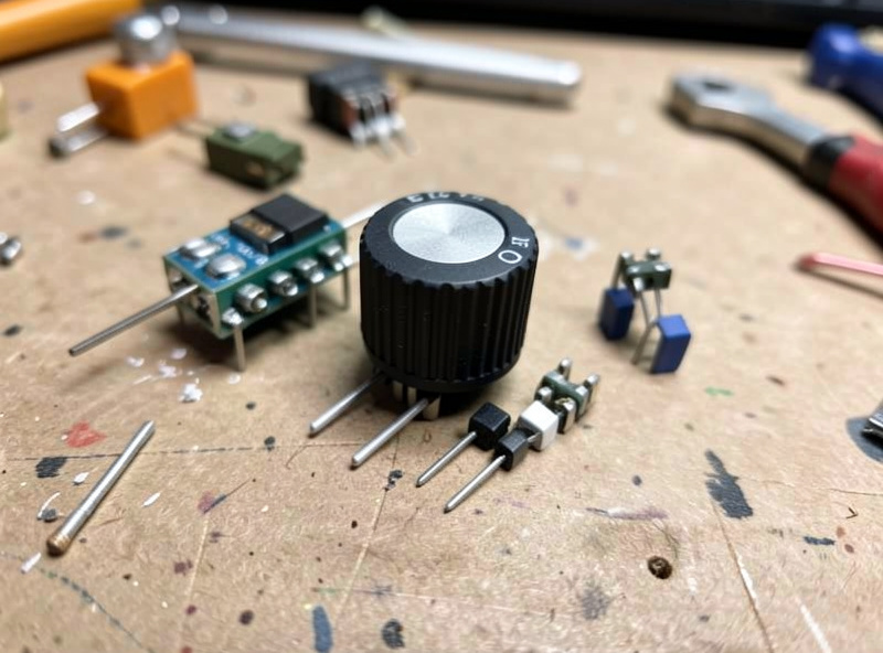 Macro of loose EC11 rotary encoder components on a workbench