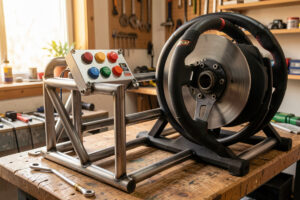 Sim racing button box on a welded steel rig beside a direct-drive wheelbase
