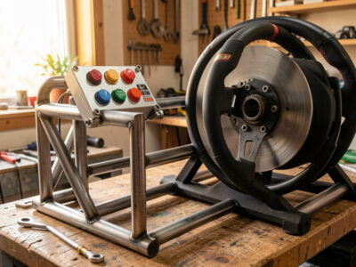 Sim racing button box on a welded steel rig beside a direct-drive wheelbase