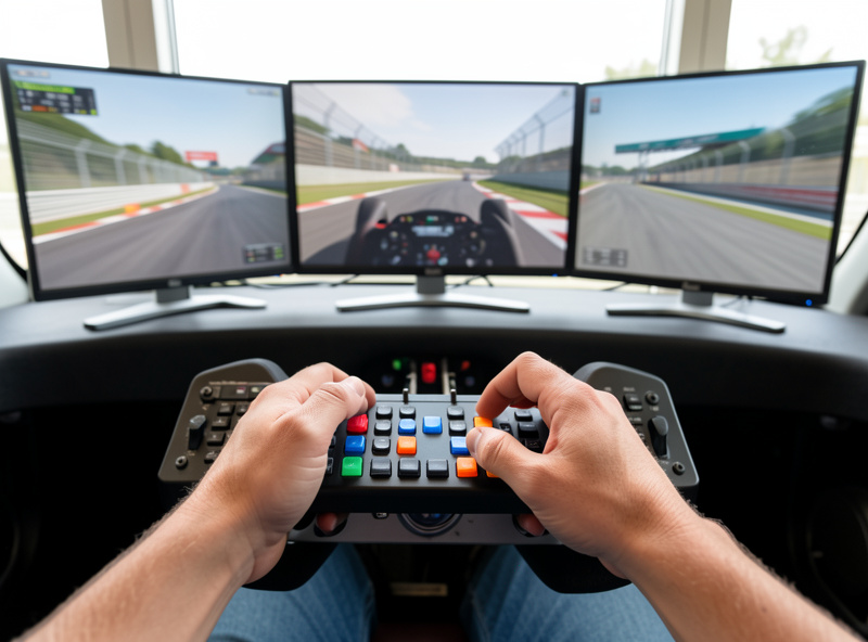 Hands operating a sim racing button box with triple monitors and a race in the background
