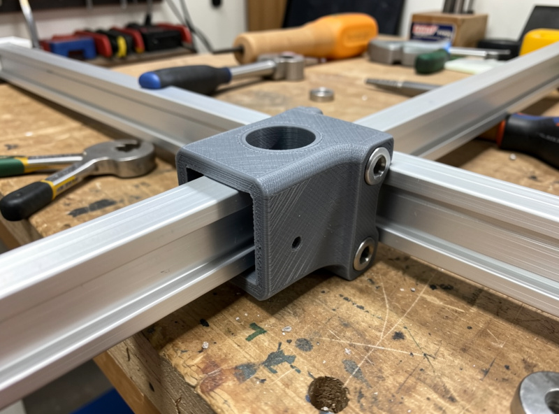 A 3D-printed button box mounting bracket clamped to an aluminium profile rig rail