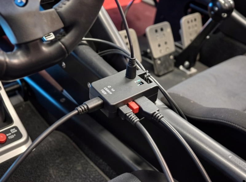 A powered USB hub mounted to a sim racing rig with peripheral cables plugged in