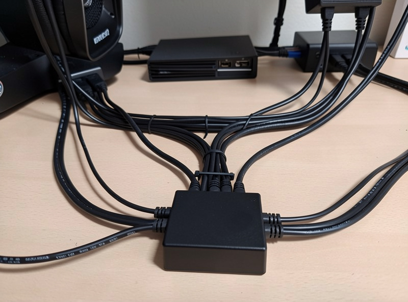 Tidy cable management on a sim racing rig with peripherals routed to a single powered hub