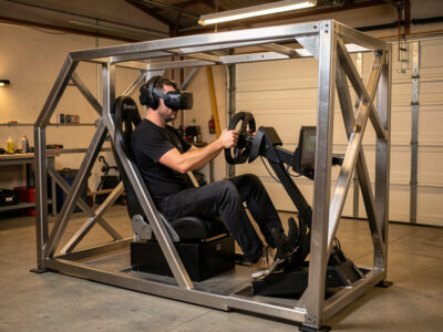 VR sim racing cockpit with headset, direct-drive wheel and load-cell pedals on a welded steel rig
