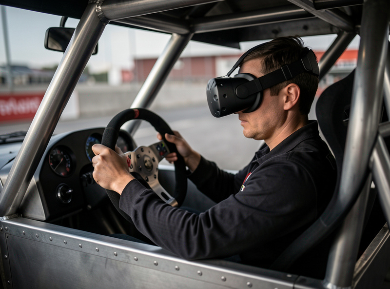 Sim racer wearing a VR headset gripping a direct-drive wheel inside a welded steel cockpit