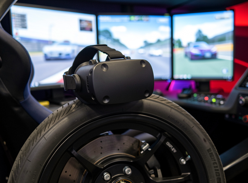 Close-up of a VR headset resting on the wheel rim of a sim racing cockpit with triple monitors behind it