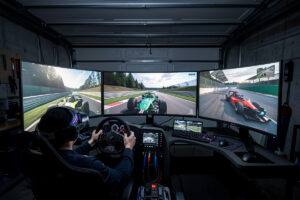 VR headset and triple monitors compared on one sim racing cockpit