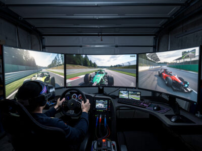 VR headset and triple monitors compared on one sim racing cockpit