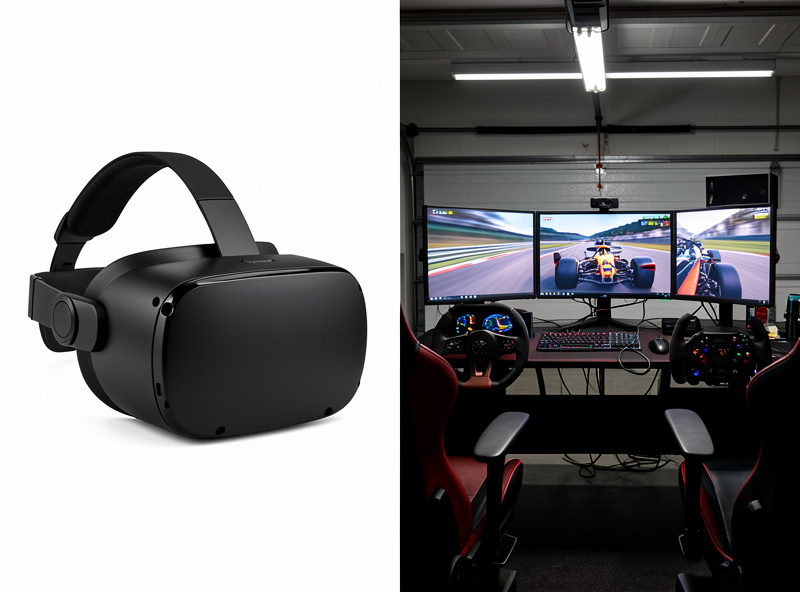 Split view of a VR headset on one side and a triple monitor sim racing setup on the other