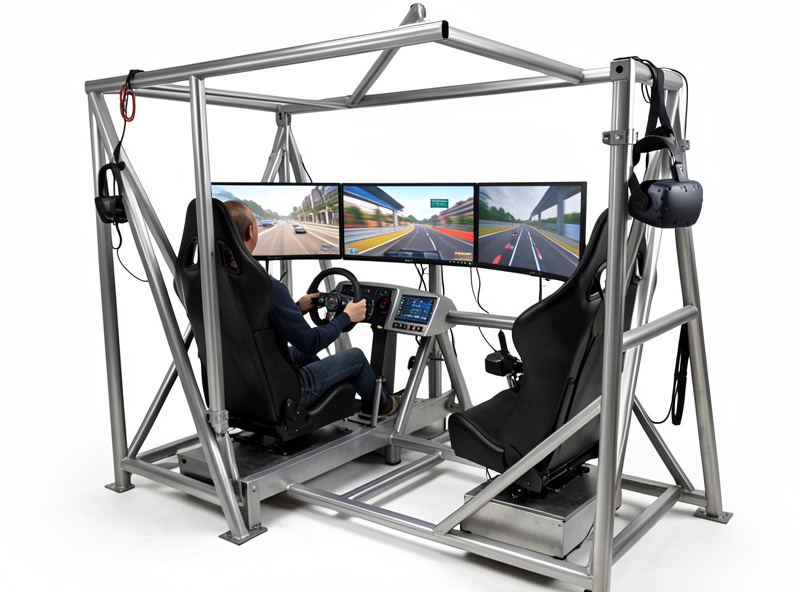 Sim racer in a welded steel cockpit using triple monitors with a VR headset hanging on the rig nearby