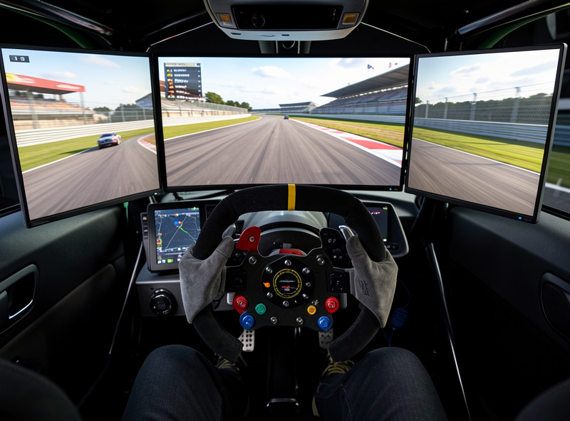Close-up of triple monitors curved around a sim racing wheel showing a track from the cockpit view