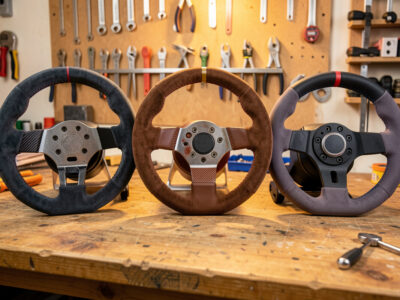Sim racing rims with Alcantara, leather and rubber grips compared