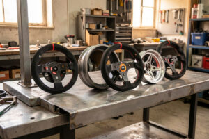 Detachable sim racing wheel rims lined up on a welded steel cockpit workbench